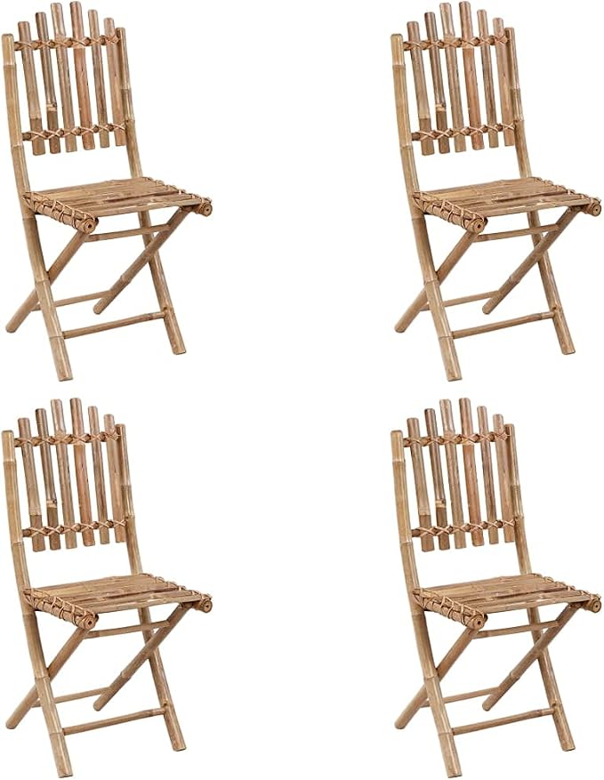 5 Piece Folding Patio Dining Set with Cushions Bamboo Outdoor Table and 4 Chairs Weatherproof Waterproof Space Saving for Garden Backyard Deck Poolside Natural Gray