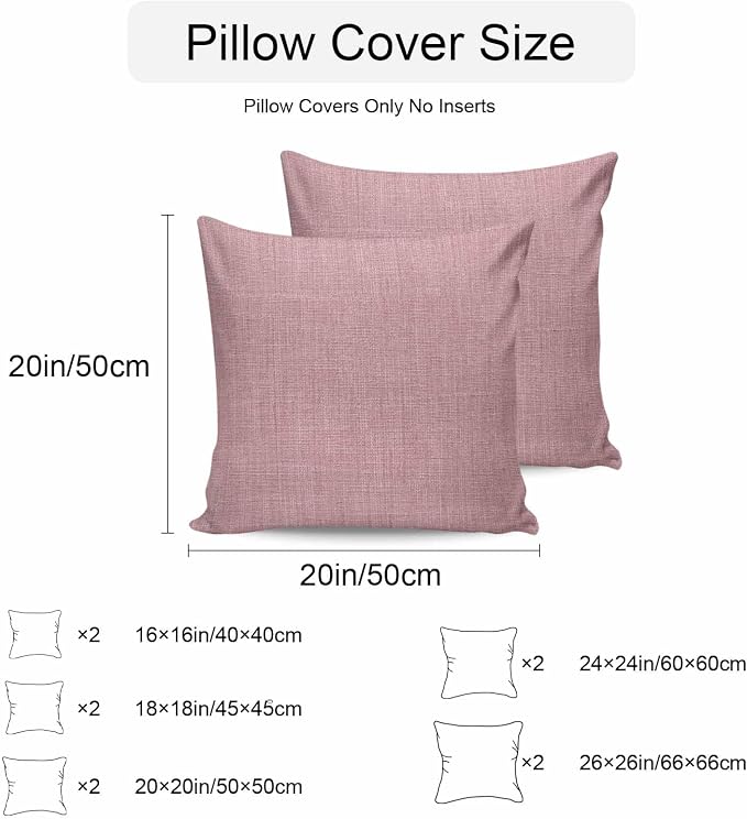 Vandarllin Outdoor Throw Pillows Covers 24x24 inch Set of 2 Waterproof Pink Linen Decorative Zippered Cushion Covers for Patio Furniture, Farmhouse Pure Color Lumbar Pillowcases
