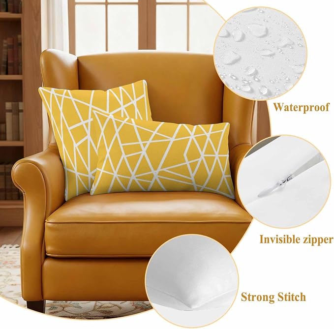 Outdoor Pillow Covers Waterproof, Yellow Geometric Decorative Square Throw Pillowcases Patio Cushion Covers for Tent/Garden, 16" x 16" 2 Pack, Abstract Stripes Modern Minimalist