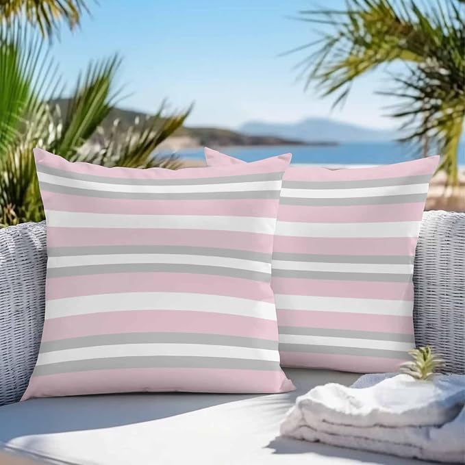Throw Pillow Covers 20x20 Inch Set of 2, Pink Grey Stripe Waterproof Outdoor Pillow Covers, Minimalist Farmhouse Striped Decorative Cushion Pillowcases for Couch, Sofa, Bed, Garden, Patio