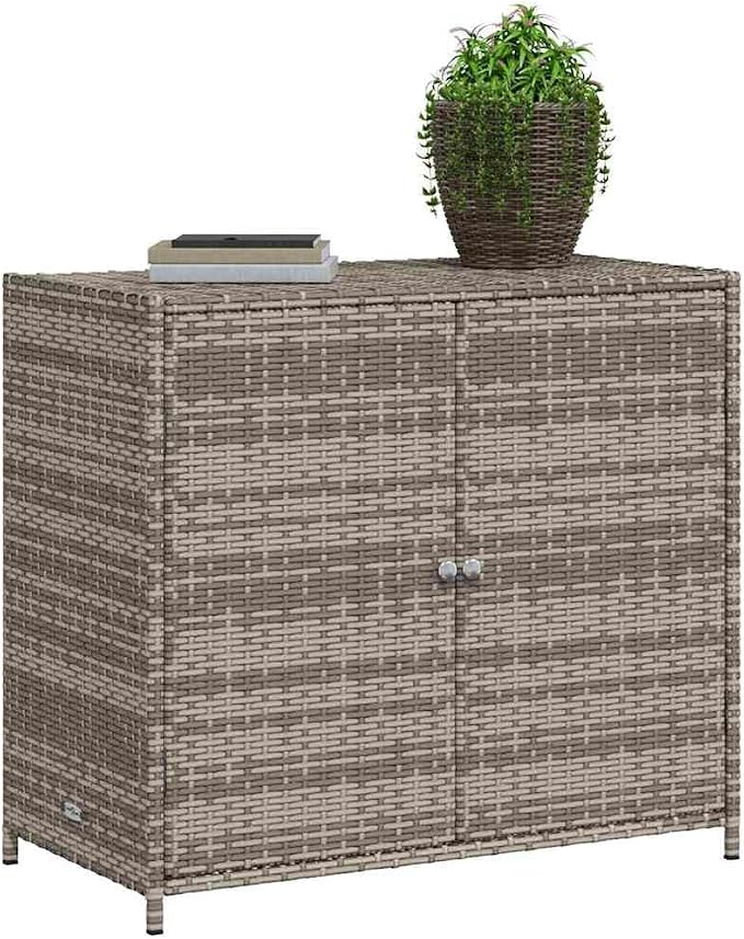 Outdoor Garden Storage Cabinet, 2-Door Patio Deck Organizer with Powder-Coated Steel Frame, PE Rattan Storage Box for Garden, Balcony, and Garage, Grey, 17.7 x 32.7 x 29.9 in