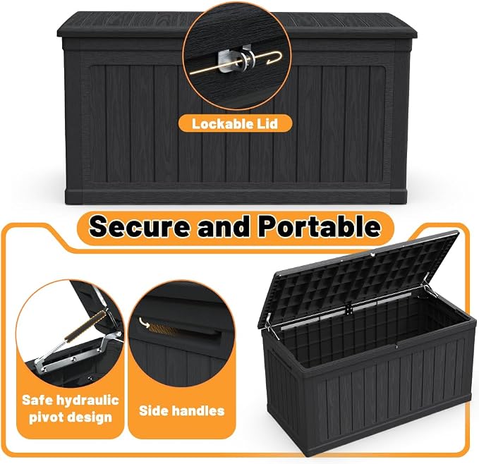 Large Outdoor Storage Deck Box for Patio Furniture, Cushions, Garden Tools and Sports Equipment – Weather-Resistant Resin with Secure Lid (Black + Plastic)