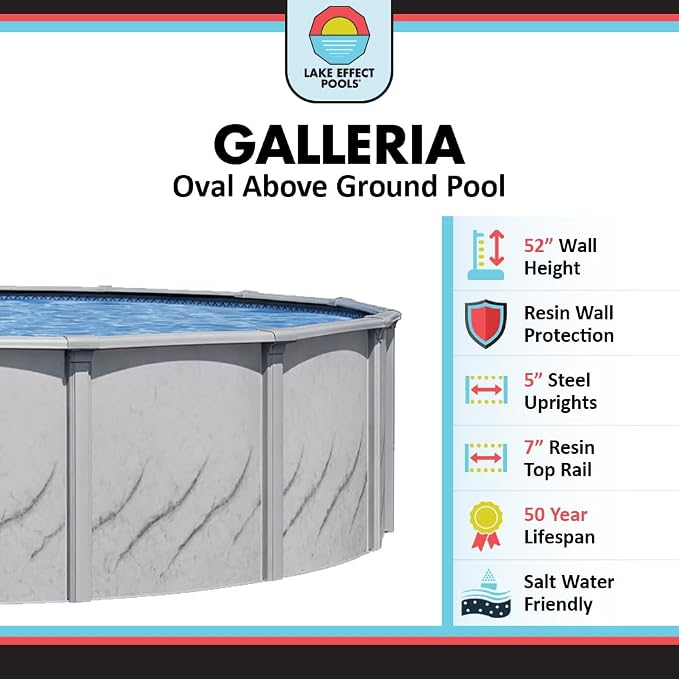 Lake Effect Pools 'Galleria' 15 ft x 24 ft Oval Above Ground Swimming Pool Bundle | 52 Inch Height | Steel Sided Walls | Kit Includes: 25 Gauge Liner, A-Frame Ladder, Sand Filter/Pump, & Skimmer