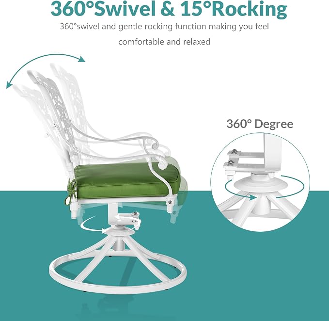 MEETWARM 7-Piece Outdoor Patio Dining Set, All-Weather Cast Aluminum Patio Conversation Set with 6 Cushioned Swivel Rocker Chairs for Backyard Garden Deck, 1 Rectangular Table, White