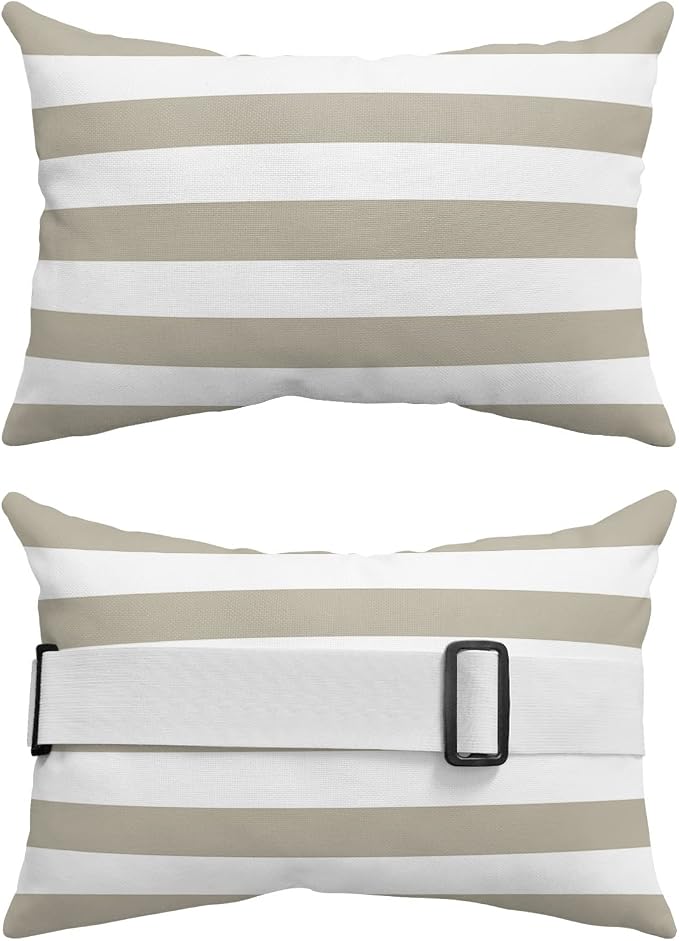 Outdoor Pillows Covers with Inserts Beige and White Stripe Waterproof Recliner Pillow with Adjustable Strap Throw Pillows for Patio Furniture Pool Lounge Chair, 12x20 inch, 1PCS
