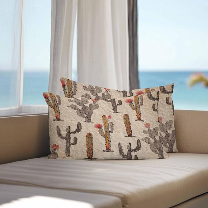 Vandarllin Outdoor Throw Pillows Covers 20x12 inch Set of 2 Waterproof Watercolor Cactus Decorative Zippered Cushion Covers for Patio Furniture, Abstract Floral Desert Lumbar Pillowcases