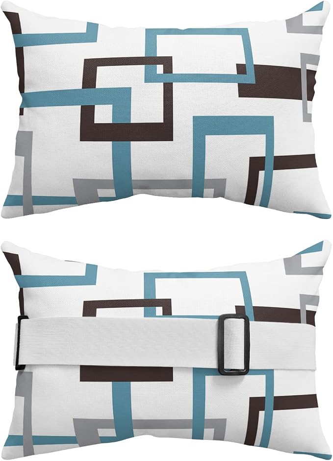 Outdoor Pillows Covers with Inserts Mid Century Geometric Pattern Gery Brown Blue Waterproof Recliner Pillow with Adjustable Strap Throw Pillows for Patio Furniture Pool Lounge Chair, 12x20 inch, 1PCS