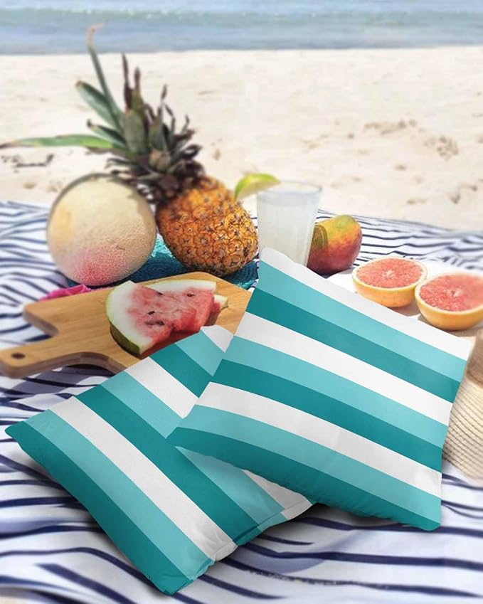 Pack of 2 Turquoise Green Stripe Outdoor Pillow Waterproof Covers 24x24 inch, Modern Art Polyester Throw Pillow Covers Garden Cushion Decorative Case for Patio Couch Decoration