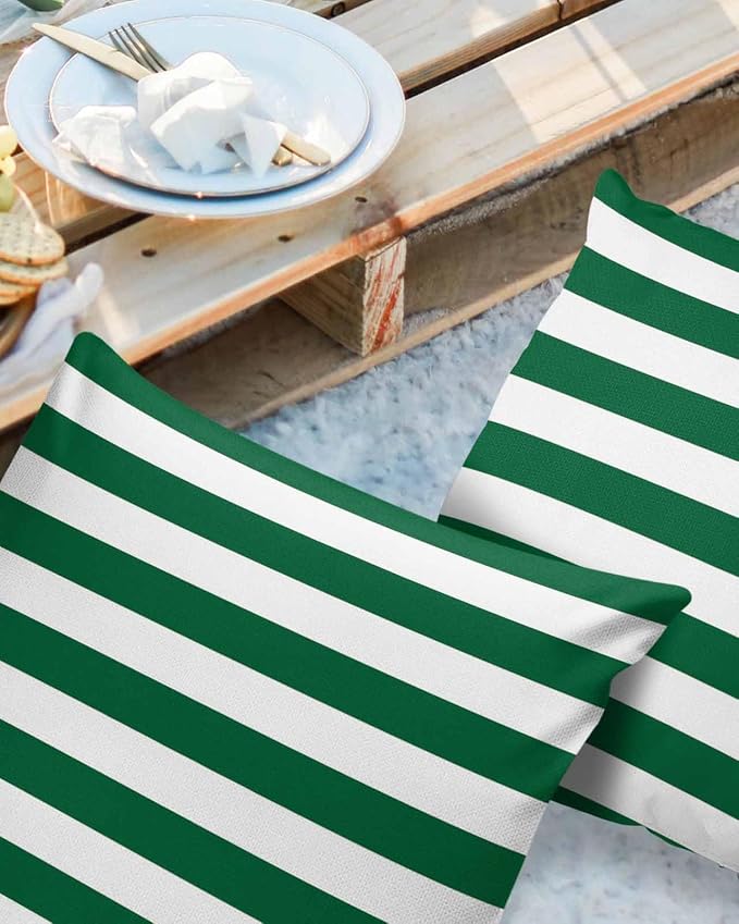 Outdoor Throw Pillow Cover Green White Geometric Striped Waterproof Cushion Covers 2 Pack Xmas Color Striped Pillow Cases Home Decoration for Patio Garden Couch Sofa 18x18In
