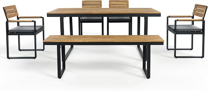 6-Piece Outdoor Acacia Wood Dining Set, 1 Table with 4 Chairs & 1 Bench, Comfortable Cushions on Chairs, Adjustable Feet, for Patio, Garden, Backyard Family Gatherings (Gray-6A)