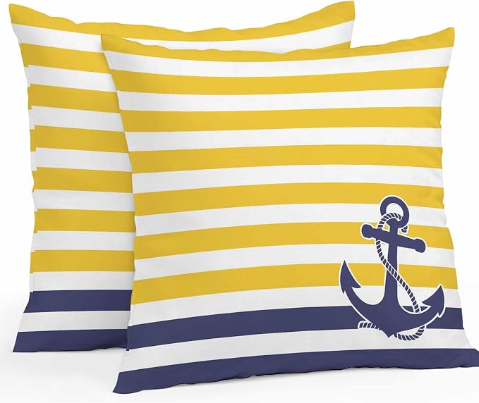 Throw Pillow Covers 16x16 Inch Set of 2, Yellow Striped Waterproof Outdoor Cushion Covers, Navy Blue Nautical Anchor Geometric Decorative Pillowcases for Couch, Sofa, Bed, Garden, Patio