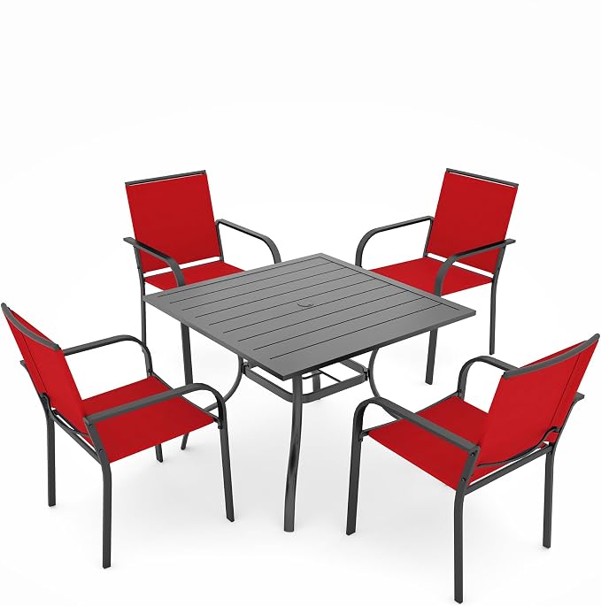 Anmutig 5 Piece Patio Dining Set, Outdoor Stackable Chairs and 35" Square Metal Patio Table with 1.57" Umbrella Hole for Garden Backyard Deck, Red