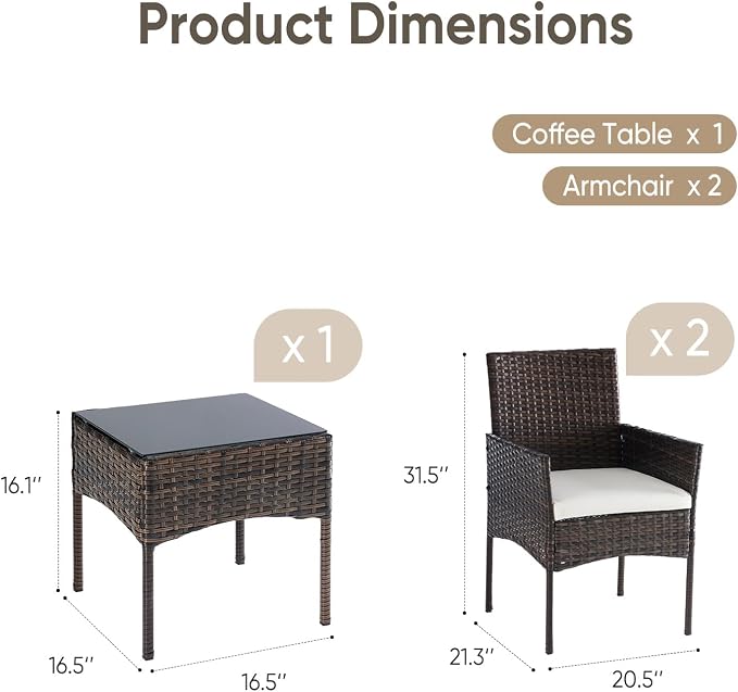DUMOS 3 Piece Patio Furniture Set, All-Weather Outdoor Wicker Chairs with Removable Cushions & Tempered Glass Table, Small Bistro Set for Porch, Balcony, Lawn, Backyard Brown