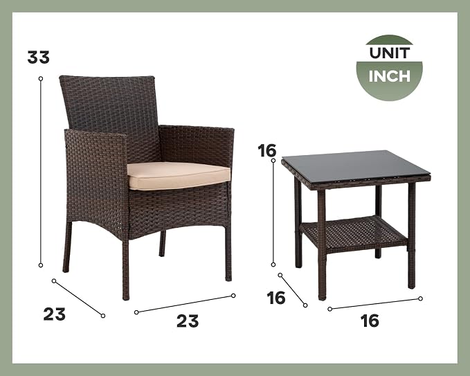 PayLessHere 3 Piece Furniture Patio Chairs Wicker Outdoor Rattan Conversation Bistro Set for Backyard Porch Poolside Lawn (Brown)