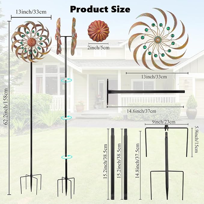 VEWOGARDEN Garden Metal Wind Spinners Outdoor Kinetic Wind Sculptures & Spinners for Yard Lawn Patio Decorations, Copper Green