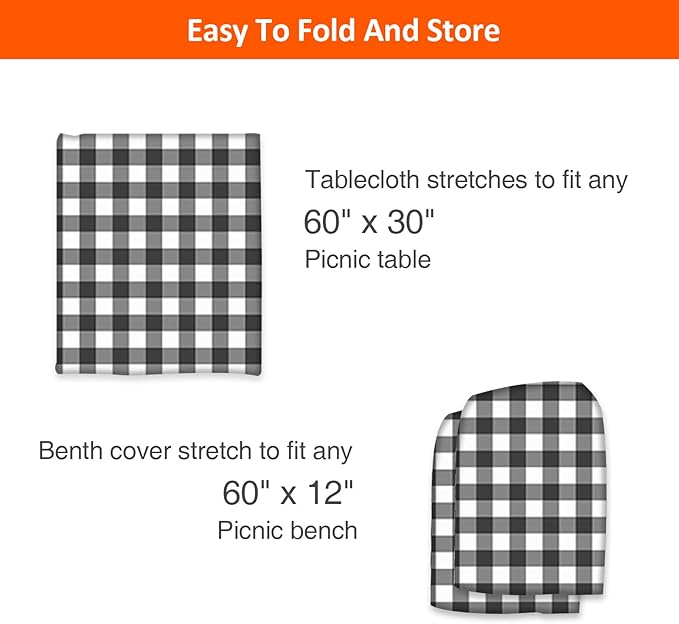 KENOBEE 5ft Picnic Table and Bench Cover, Camping Essentials RV Gear, 60 in Waterproof Windproof Outdoor Elastic All Around Tablecloth, Fitted Rectangle Tables and Seats, Black-White Checkered