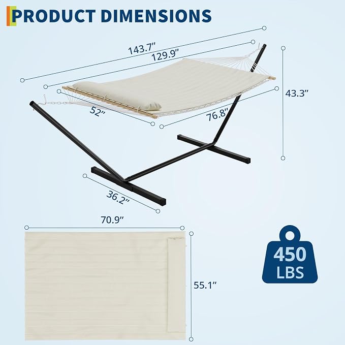 Beige 2 Person Hammock with Stand, 2 Person Hammock with Pillow, 450 LBS Capacity Heavy Duty Steel Stand, Freestanding Hammock for Patio, Backyard, Outdoor