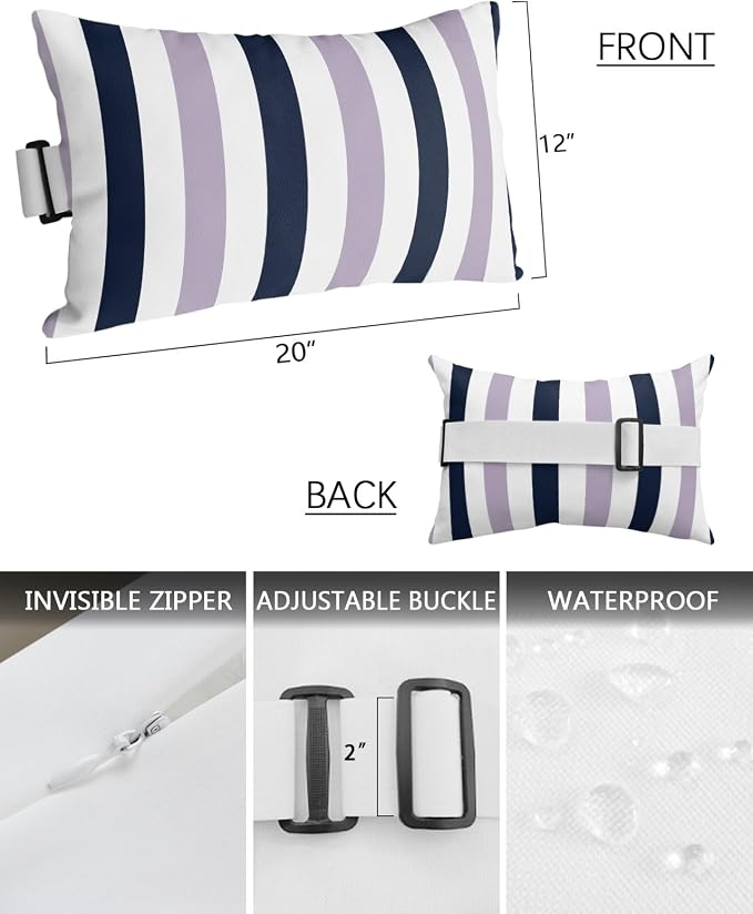 Outdoor Pillows Waterproof Covers Set of 2, Navy Blue Purple Stripes Adjustable Elastic Chaise Lounge Headrest Pillow Covers, Contrast Striped Lumbar Pillow for Pool Patio Furniture 20x12 Inch