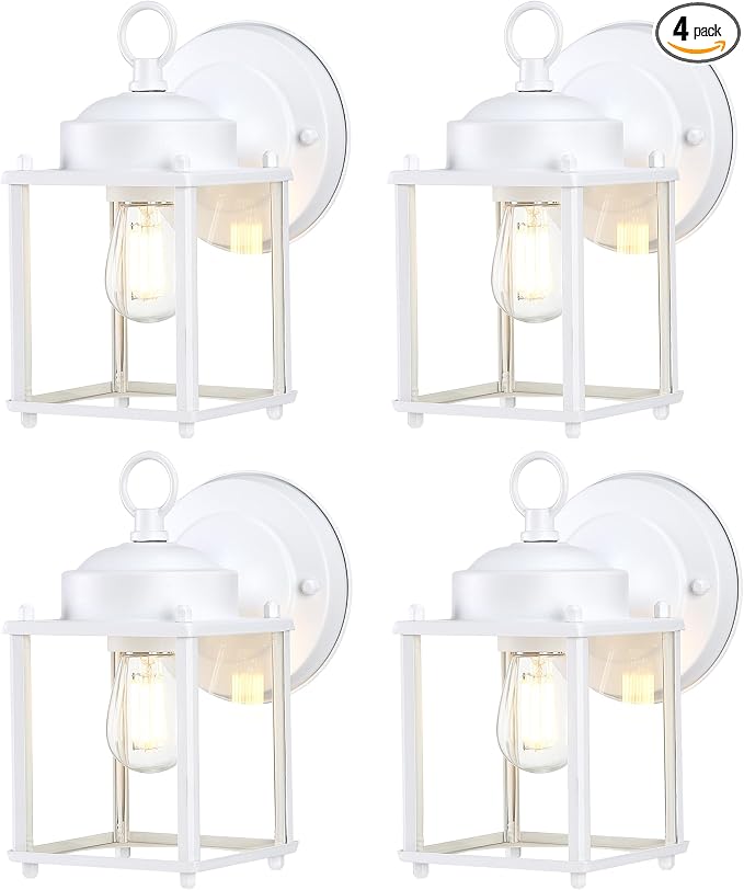 Outdoor Wall Light, Porch Lamp, Rustproof Waterproof, White | Exterior Wall Sconce Fixture for House, Garage, Patio, Metal Housing with Glass, E26 Base, 4 Pack