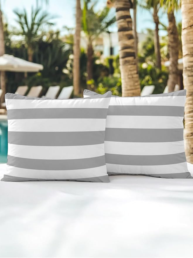 Waterproof Outdoor Pillow Set of 2 Grey White Stripe Decorative Throw Pillows Cover & Insert 16x16 Inch Pillowcase Simple Style Striped Square Pillows for Couch Sofa Bed Patio Furniture Indoor Outdoor
