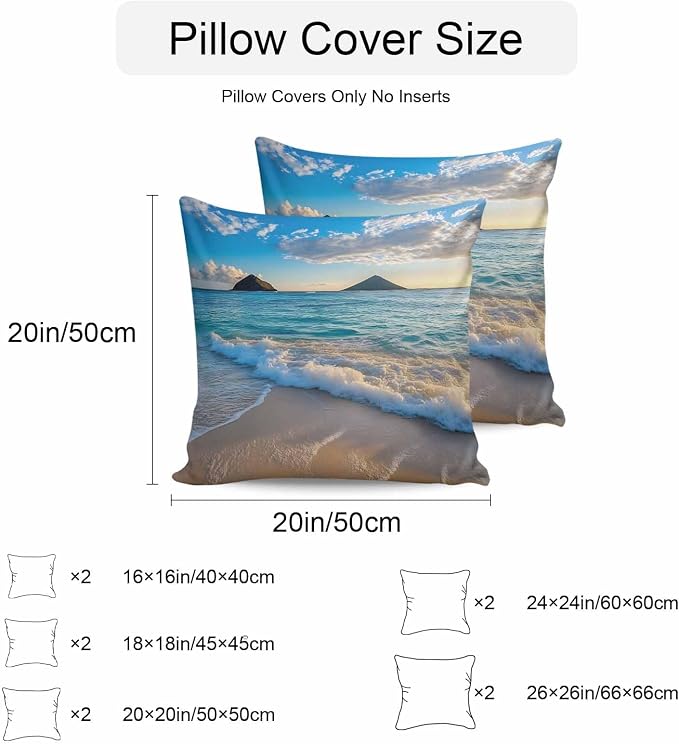Ocean Waterproof Outdoor Pillow Covers Set of 2 Home Decor, Blue Sky Mountain Sandy Beach Sea Scenery Pillowcase Patio Pillow Covers for Couch Bench Furniture Garden 20x20in