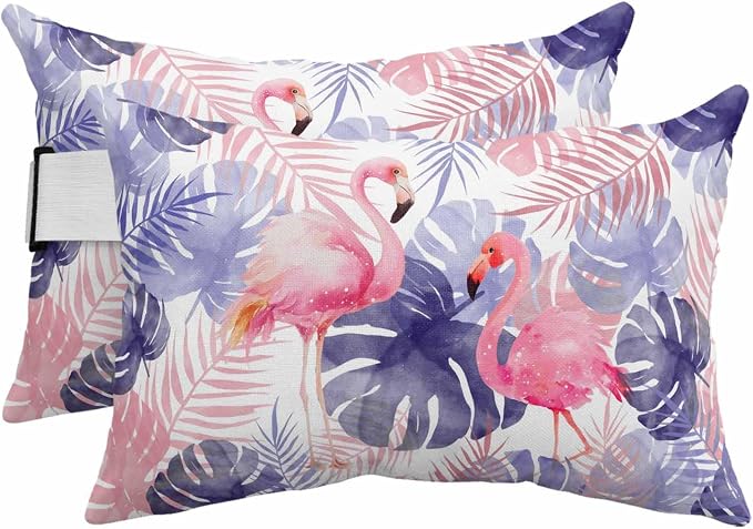 Outdoor Lumbar Pillow Set of 2, Flamingos Waterproof Beach Headrest Pillow with Inserts, Purple Summer Monstera Leaves Tropical Vintage Recliner Throw Pillows for Patio Furniture, 11 x 16