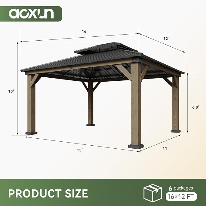 Aoxun 12' x 16' Outdoor Wood Gazebo, Hardtop Gazebo Permanent Wooden Pavilion with Galvanized Steel Double Roof, and LED Outdoor Waterproof Hanging Lights, for Patio, Garden, Deck, Cedar Wood