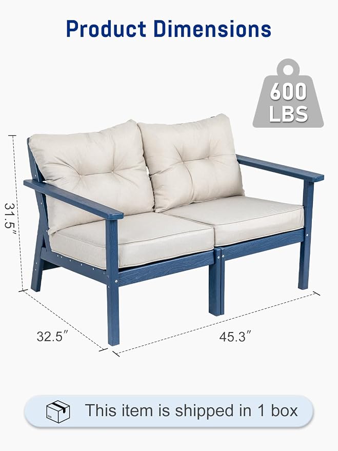 2 Seat HDPE Patio Loveseat, Outdoor Conversation Bench, Patio Furniture | Water-Resistant Thick Cushion, HDPE All Weather, Wood-Grain, No Rot or Rust or Crack, UV Fade Shield, Easy-Clean for Outside