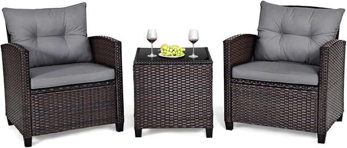 3-Pieces Patio Furniture Set, PE Wicker Chairs Sofa Set with Removable Cushions & Glass Top Side Table, Outdoor Wicker Rattan Conversation Chair for Porch,Backyard, Balcony (Grey)
