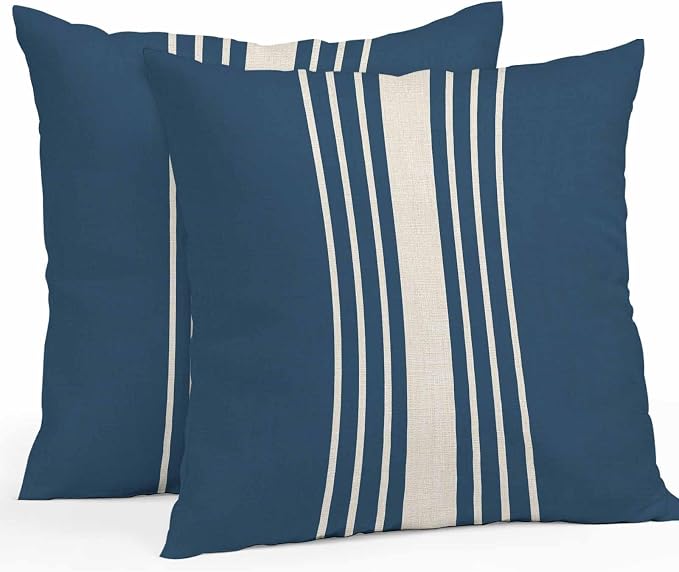 Vandarllin Outdoor Throw Pillows Covers 18x18 inch Set of 2 Waterproof Navy Blue Vertical Stripes Decorative Zippered Cushion Covers for Patio Furniture, Classic Striped Linen Lumbar Pillowcases