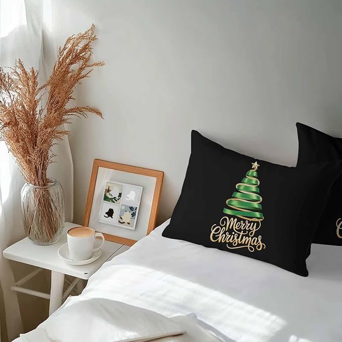 Black Christmas Tree Lumbar Pillow Covers 12 x 20 Inches, Green Xmas Tree with Star Waterproof Throw Pillow Cover Set of 2, Christmas Black Decorative Rectangle Cushion Covers for Patio/Couch