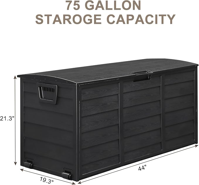 75 Gallon Outdoor Storage Box, Lockable Plastic Storage Containers with Lid, Patio Deck Box Furniture for Garden, Pool, Balcony, Yard (Black)