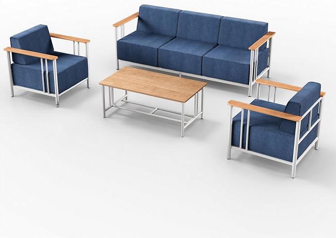 Luxury Patio Furniture Set with 10" Extra Thick Cushions, 4 PCS Outdoor Furniture Set with Patio Chairs & Couch & Coffee Table, Suitable for Porch, Balcony, Deck, Yard, Poolside, White/Blue