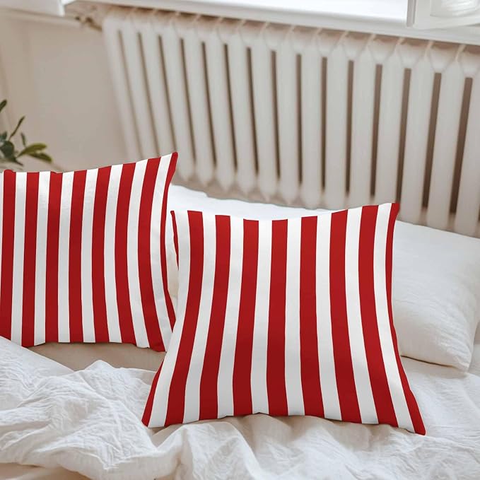 Red Striped Outdoor Waterproof Throw Pillow Covers 24x24 Set of 2, Christmas Farmhouse Red White Stripes Decorative Pillowcases Cushion Pillowcase for Couch Sofa Patio Outside Pillow Protector