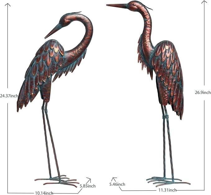 Kircust Outdoor Metal Heron Statues, Crane Sculptures for Garden Yard | Bronze 27.56" Tall, Set of 2 Heron Sculptures, Weatherproof, Patio Decor, Art
