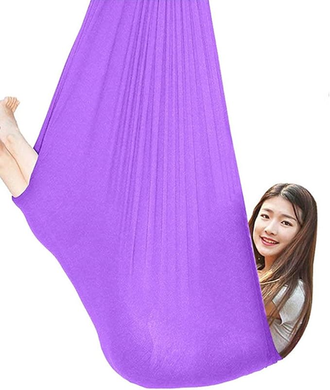 360° Rotating Elastic Aerial Yoga Hammock Outdoor Indoor Swings Aerial Yoga Sensory Therapy Cuddle Swing Soft Elastic Parcel Steady Seat Swing (Color : Light Purple, Size : 150x280cm)