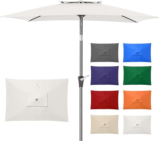 6.6 x 10 ft Rectangular Patio Umbrella, Outdoor Market Table Umbrella with Push Button Tilt and Crank, Double-Tier Vent, 6 Ribs, Rectangle Patio Umbrella for Backyard, Deck, Pool, Fits 4–6 Chairs and Tables (White)