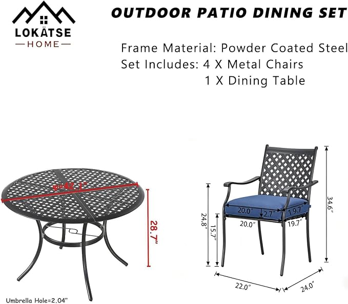 LOKATSE HOME 5-Piece Outdoor Patio Metal Dining Set with Iron Armrest Cushioned Chairs and Steel Round Table with Umbrella Hole, Blue