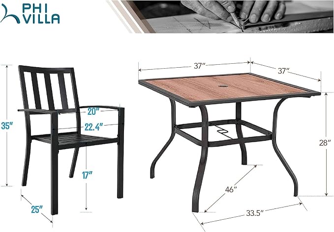 PHI VILLA Patio Dining Set,4 Stackable Chairs& 37" Square Metal Table | Outside Furniture Set for Patio, Deck, Backyard, Porch