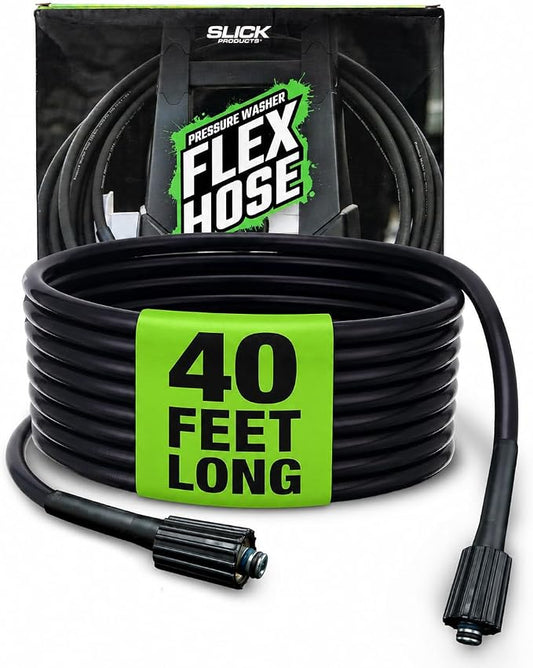 Slick Products Pressure Washer Flex Hose – 40 Ft Ultra-Flexible No-Kink High Pressure Hose, Lightweight Tangle-Free Design with Leak-Resistant Fittings for Car Wash & Outdoor Cleaning
