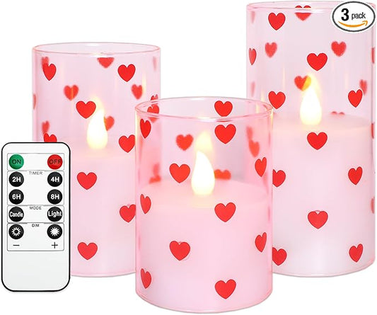 Silverstro Love Flameless Candles with Remote Timer, Glass Battery Operated Candles, Pink Spray-Painted Heart LED Candles for Home Party Wedding Valentine's Day Decor Set of 3