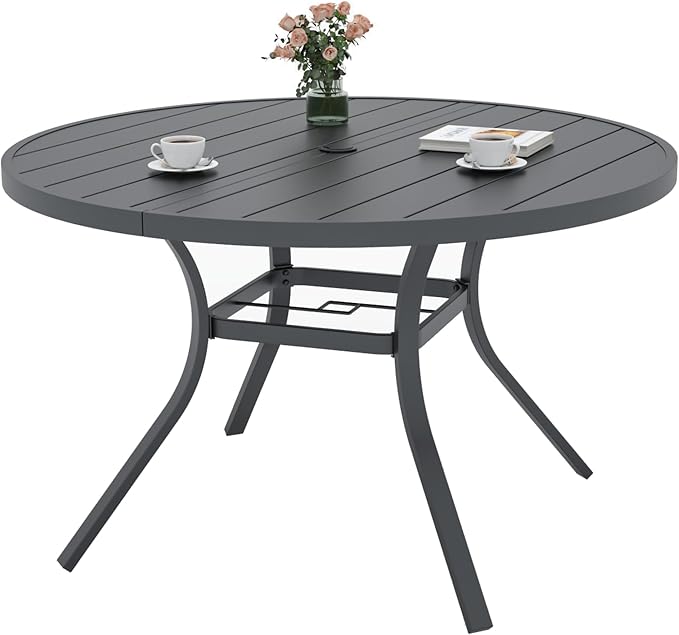 Patio 48" Round Table, Navy Blue Swivel Chairs Outdoor Dining Set 5 Style 1 | 4 Piece Swivel Chairs: High Back, Retro Armrest, Textilene Fabric, Rocking; 48 inch Metal Round Table, All Weather