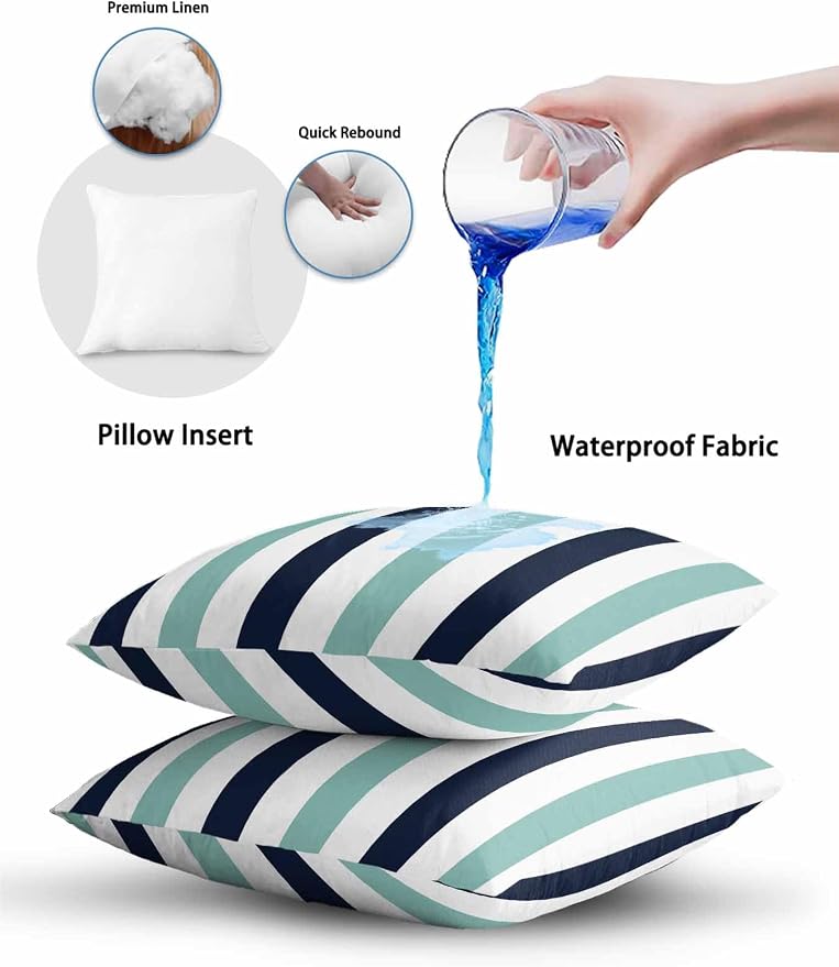 Outdoor Pillows Waterproof, Turquoise Navy Blue Striped Bedding Throw Pillows with Insert for Couch Sofa Bed, Farmhouse Stripe Art 18x18 Inch Pillowcases Camping Patio Pillow Set of 2