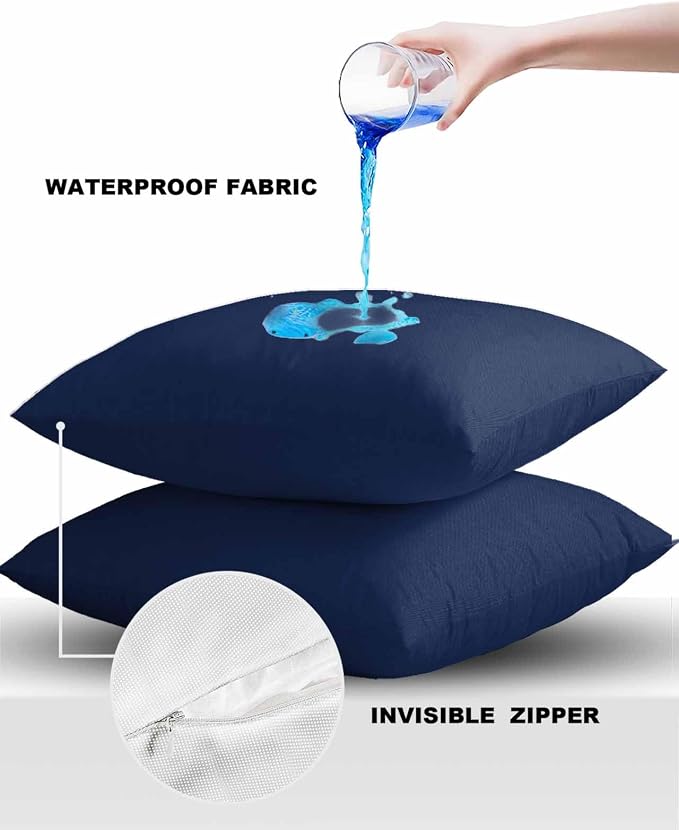 Outdoor Waterproof Throw Pillow Covers 24x24in, Navy Blue Cushions for Garden Patio Furniture Chairs Set of 2, Nautical Home Decor Couch Sofa Polyester Pillow Cases