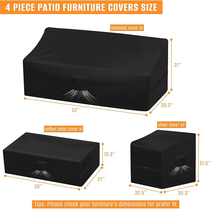 Kovshuiwe 4 Pieces Waterproof Patio Set Cover, Lawn Chairs, Coffee Table, Patio Furniture Set Cover for Outside Couch -210D Oxford Fabric, Windproof with Buckle Strap, Black