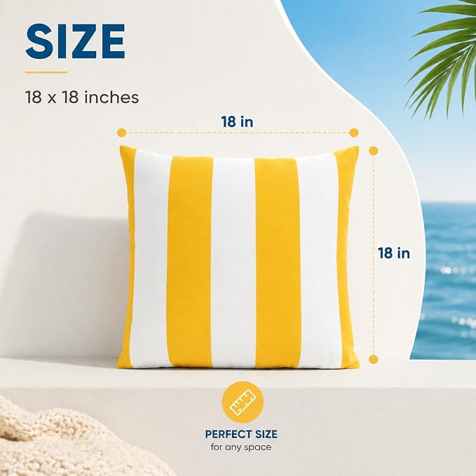 2pcs Outdoor Decor Pillows, Insert and Cover, Waterproof & Fade-Resistant Patio Couch Cushions for Garden, Porch, Poolside Sofa (Yellow White, 18x18in)