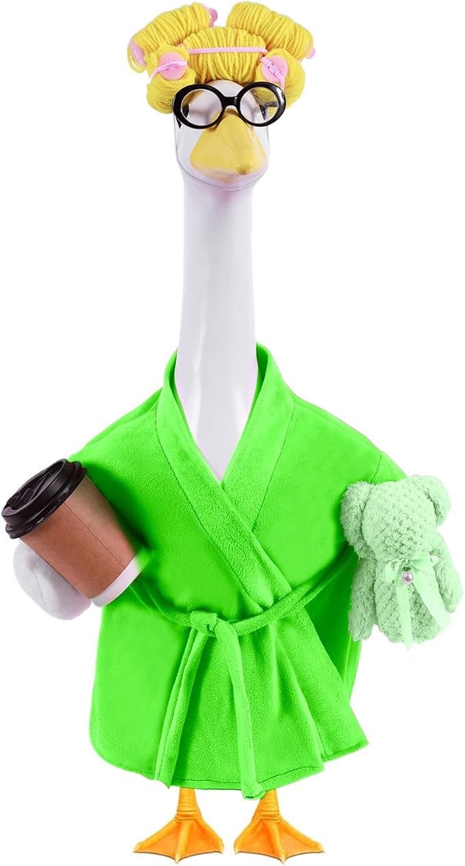 Lady Porch Goose Outfits,Bathrobe Porch Goose Statue Costume with Curlers Reading Glasses Coffee Cup Towel, Cute Goose Clothes for 23-Inch Cement Statue, Lawn Yard Garden Patio Decor(Green)