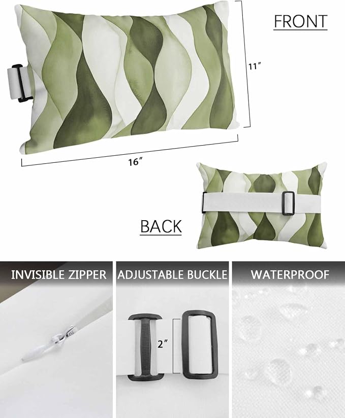 Outdoor Pillow for Chaise Lounge Chair Sage Green Gradient Ripples Outdoor Pillows Waterproof with Adjustable Strap Headrest Lumbar Pillows for Garden Patio Furniture 1 Pack 11" x 16"