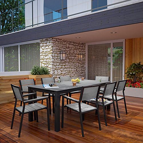 Lexmod Maine 9 Piece Outdoor Patio Dining Set in Brown Gray