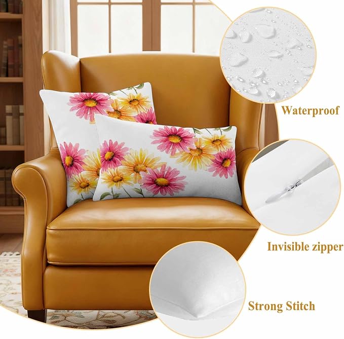 Yellow Pink Daisy Outdoor Pillow Covers 20"x12" Set of 2, Rustic Farmhouse Boho Wildflowers Waterproof Throw Pillow Covers for Patio Furniture, Decorative Cushion Covers for Porch